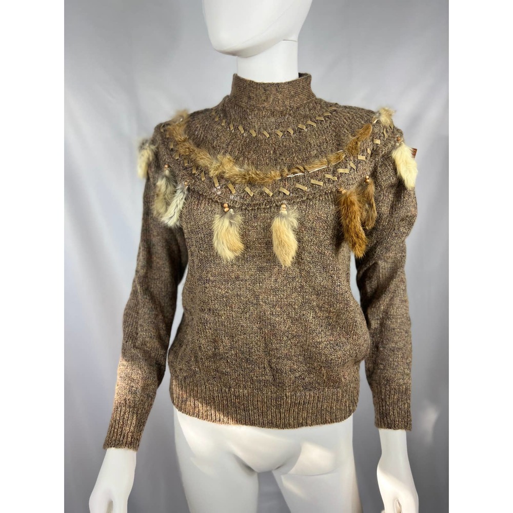 1980's Brown Sweater w/ Tribal Motif & Fur